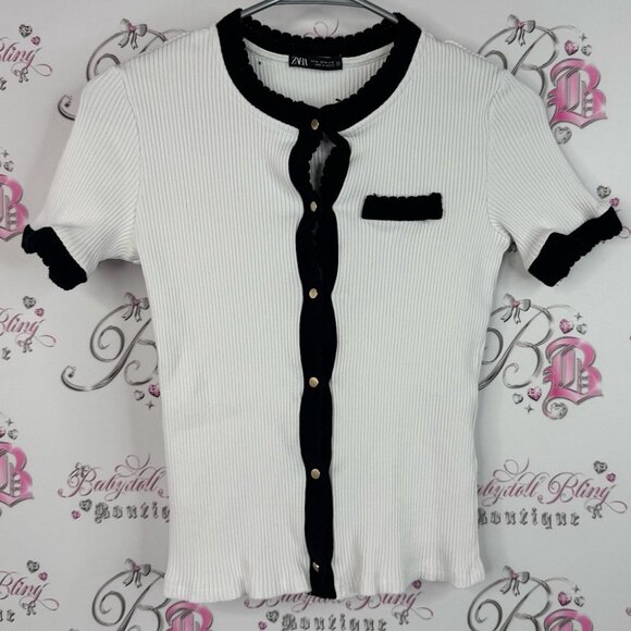 Zara top tshirt black trim Women's White and Black Button Down Shirt - Picture 1 of 6